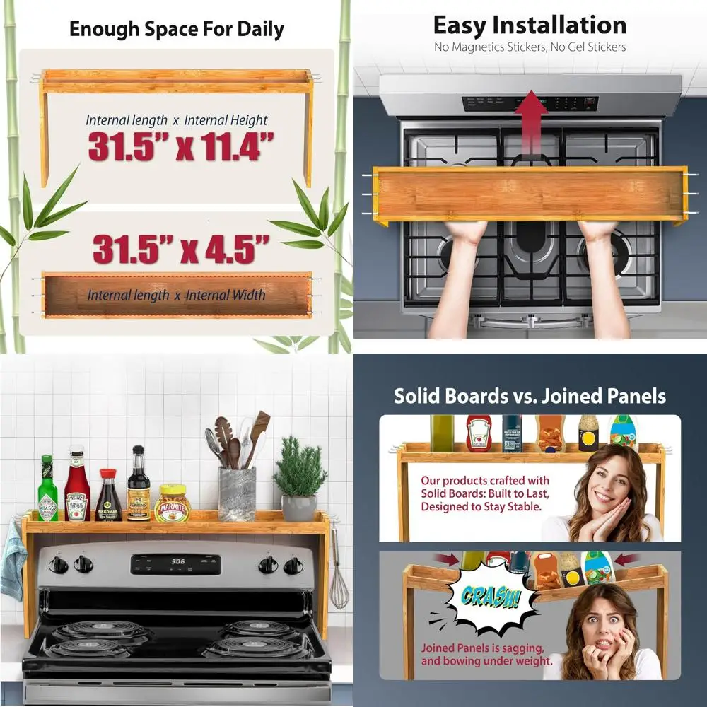 

IIIOIIIA Bamboo Over The Stove Spice Shel or Kitchen Storage, 31.5" Kitchen Spice Rack Organizer Stove Top Shel with 6 Hooks, 11