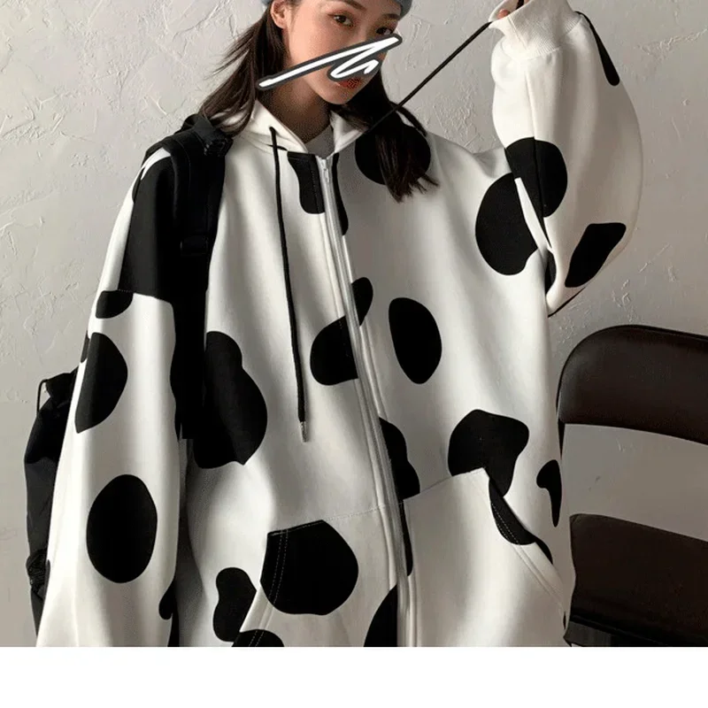 Thick Warm Loose Casual Harajuku Jacket New Autumn and Winter Women's Cow Print Print Color Block Zipper Hooded Cardigan Jacket