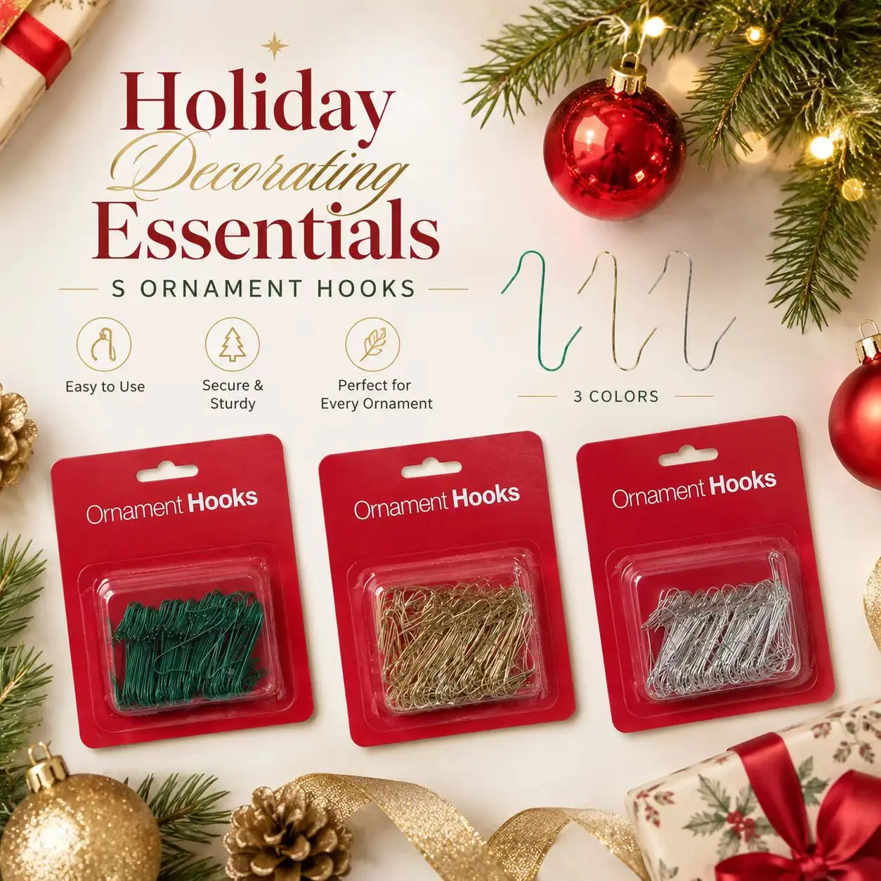 100Pcs Multi‑Color S‑Shaped Christmas Hooks Silver Gold Green Xmas Tree Hanging Ornament Hooks