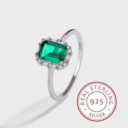 Fashionable Authentic S925 Silver Emerald Sugar Cube Micro Diamond Temperament Ring Jewelry