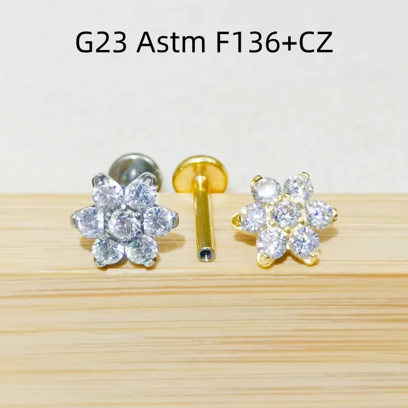 20pcs G23 Titanium F136  CZ Flower Internal Thread Lip Labret  Bar Ear Cartilage Helix Rook Tragus Studs Body Piercing Jewelry