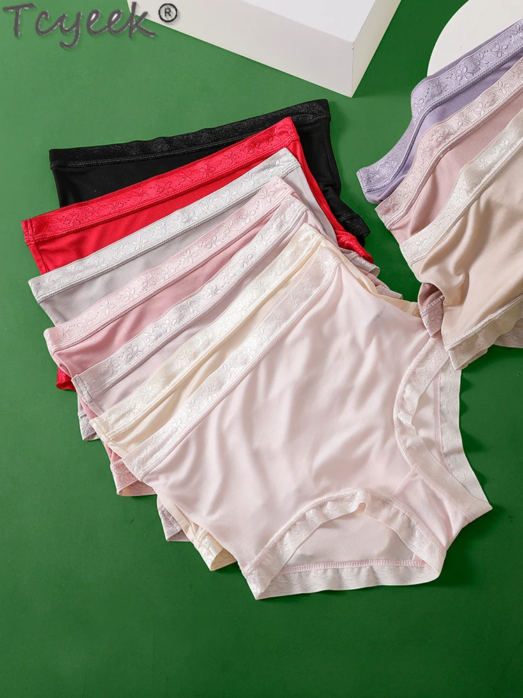 

Tcyeek 100% Mulberry Silk Woman Panties Lace Sexy Panties Mid Waist Thin Breathable Briefs High Quality Calzones Para Mujer
