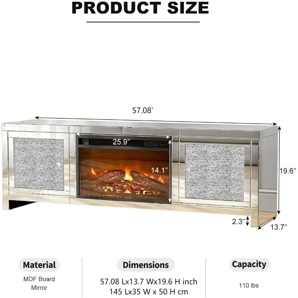 Mirrored TV Stand with Fireplace, TVs Stand for 65+ Inch TV, Mantel Heater W/7 Colors Changing &3D Realistic Flame Effect