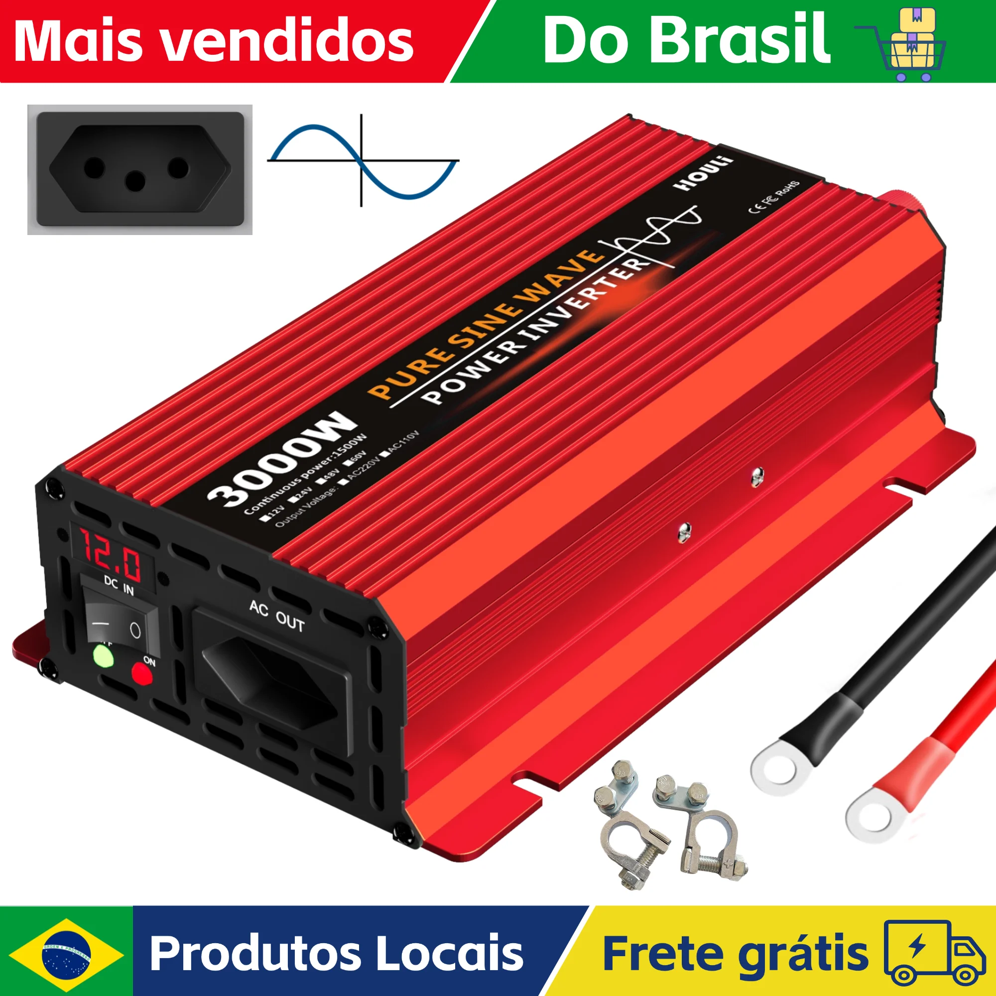 HOULI inversor 12v para 110v 1000W 1600W 2200W 3000W inversor de frequência 12v 24v 110v onda senoidal pura 60Hz Conversor