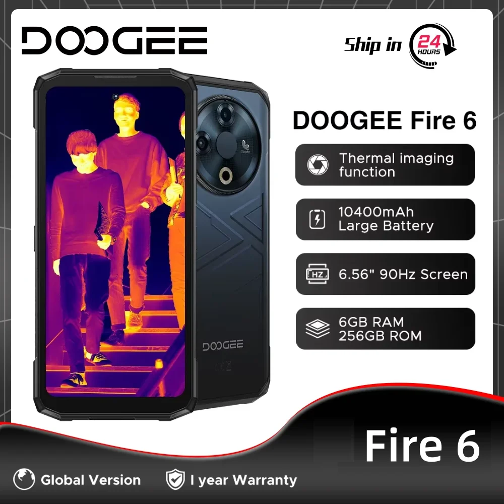 Global Version DOOGEE Fire 6 16GB 256GB Rugged Phone 6.56" 90Hz Display Thermal Imaging Unisoc T606 10400mAh Battery Android 14