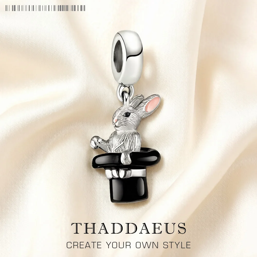 925 Sterling Silver Rabbit Charm Magician Jewelry Bunny With Top Hat Magic New Cute Gift
