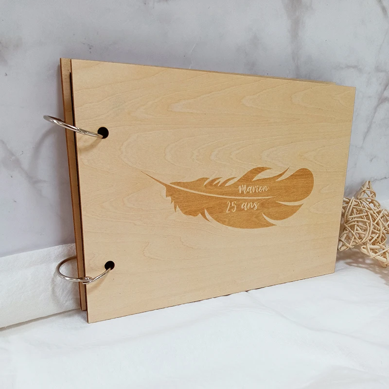 Custom Wooden Wedding Guest Book Rustic Wedding Album Laser Engraved Name And Date Feather Guestbook Wedding Guest Sign-in Book