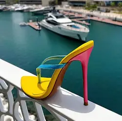 Hot Pink Blue Yellow Mixed Color Leather Clip Toe Thin Heels Slippers Women Pointed Toe Slip On Sexy High Heel Slide Shoes