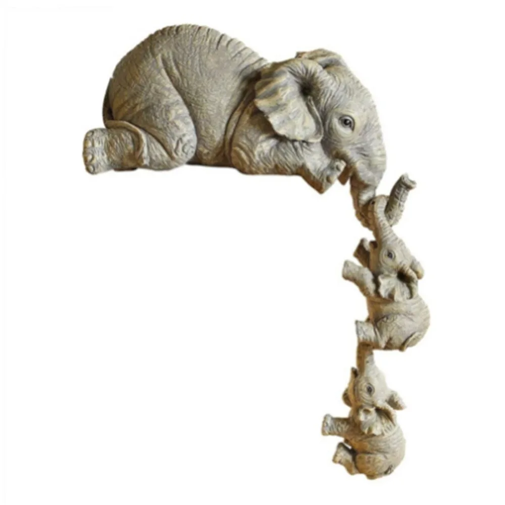 Resin Parent-child Animal Resin Desktop Figurine Grey 5in Hand Carved Multi-animal Tabletop Statue Elephant