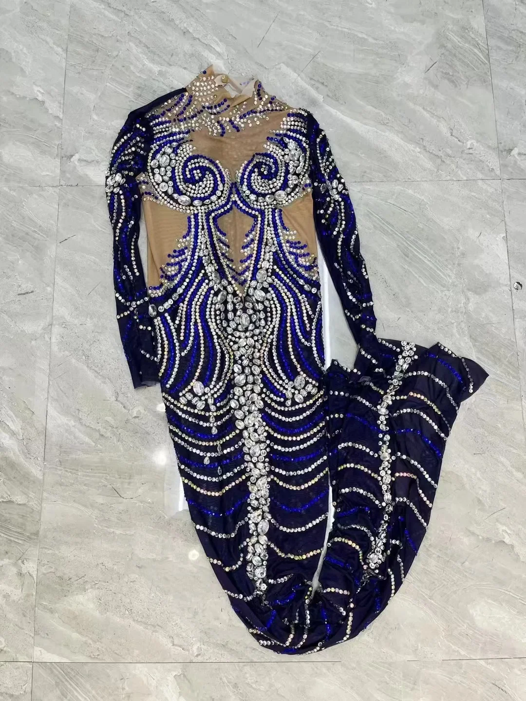 Traje de cumpleaños para celebración, vestido largo azul, traje de Club nocturno, malla transparente con diamantes de imitación, vestido para sesión de fotos