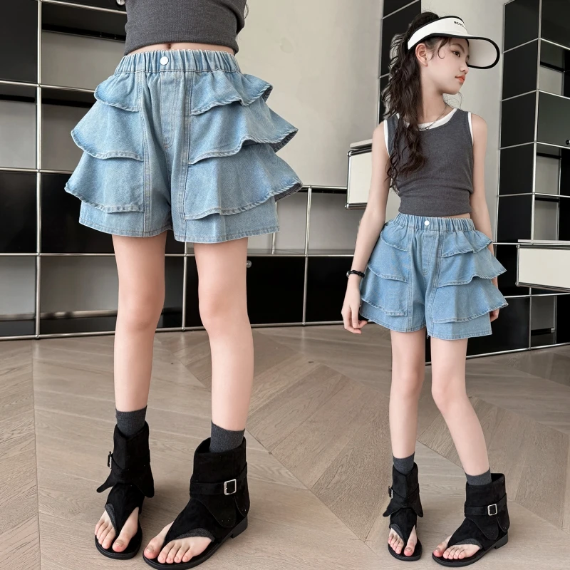 Little Girls Soft Cotton Denim Shorts Layered Ruffle Hem High Waist Loose A-line Anti-see-through Spring Summer Casual Short Pan