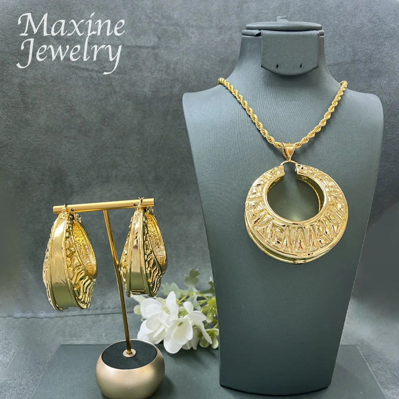 

Trendy Dubai 24K Gold Plated Necklace Round Pendant Earrings Jewelry Set Big Size Anniversary Party African Bridal Wedding Gifts