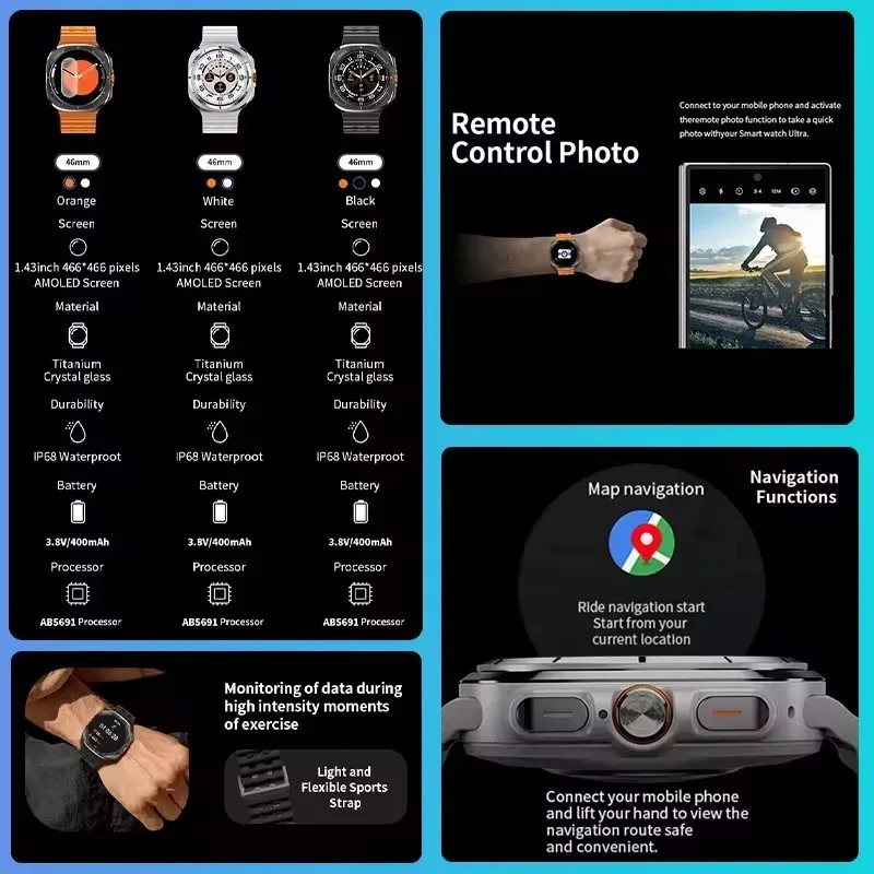 2025 New GPS Smart Watch 7 Ultra Men 47MM AMOLED Screen Multi-Function Compass Sports Fitness Tracker Health Women Smart Watch