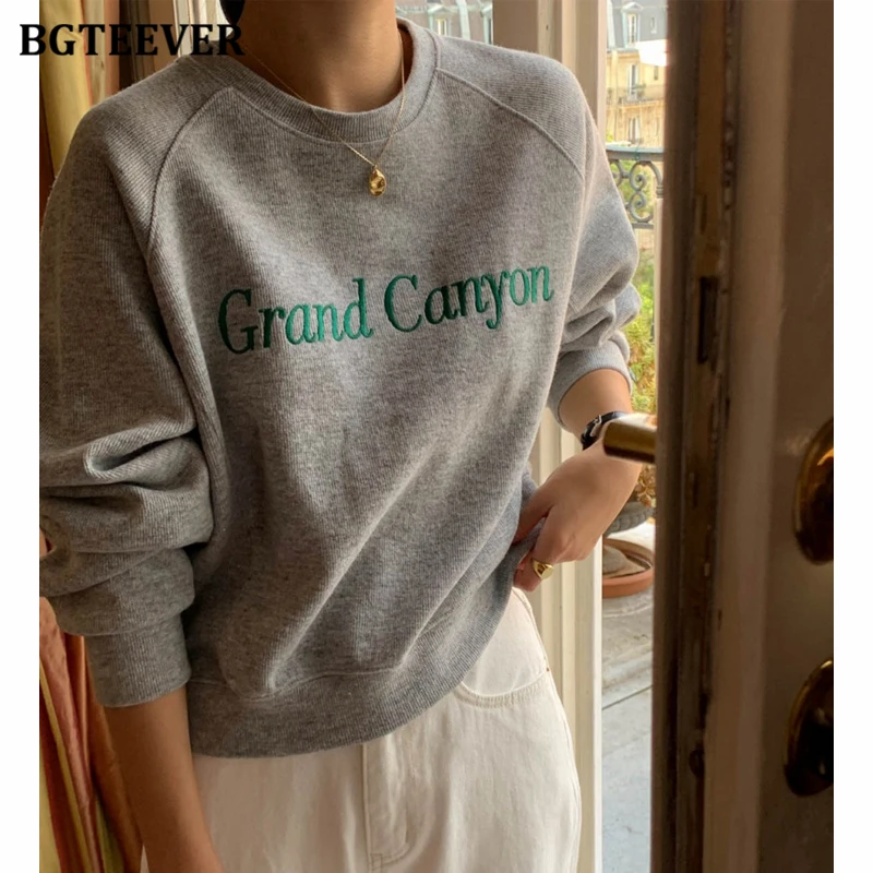 BGTEEVER Casual Long Sleeve Women Pullovers Sweatshirts Autumn Winter Fashion O-neck Loose Female Letter Embroidery Printed Tops