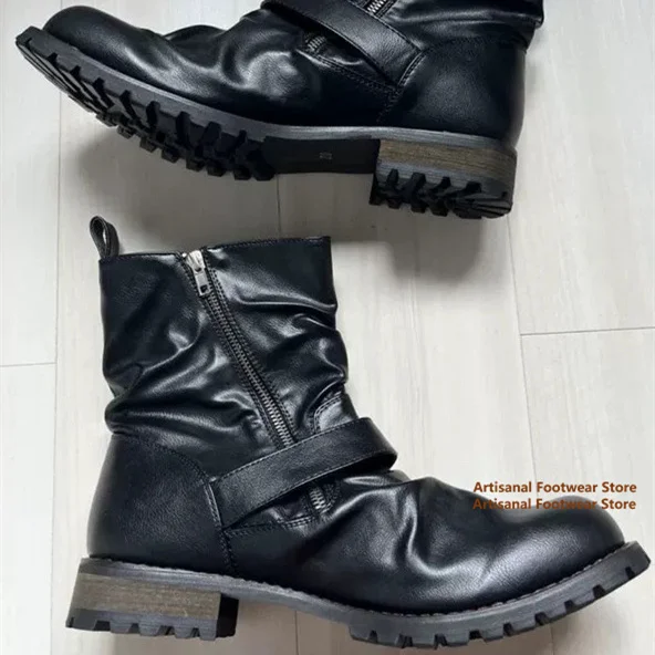Black Leather Buckle Ankle Boots Chunky Heel Side Zipper Men's Booties Non-Slip Luxury Designer Handmade New In Men's Boots
