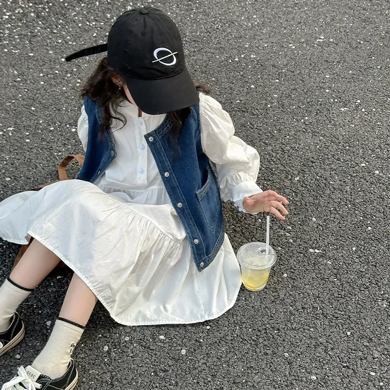 2026 New Autumn Teens Girls Clothing Set Trendy Denim Vest + White Dress 2-Piece Set Vintage Casual Outfits for Kids (Ages 5-14)