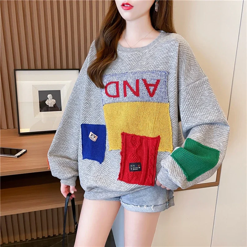 

Sweater Women 2025 Fashion Korean Version Loose Fitting Long Sleeved Patch Design Sense Niche Round Neck Popular Sweater