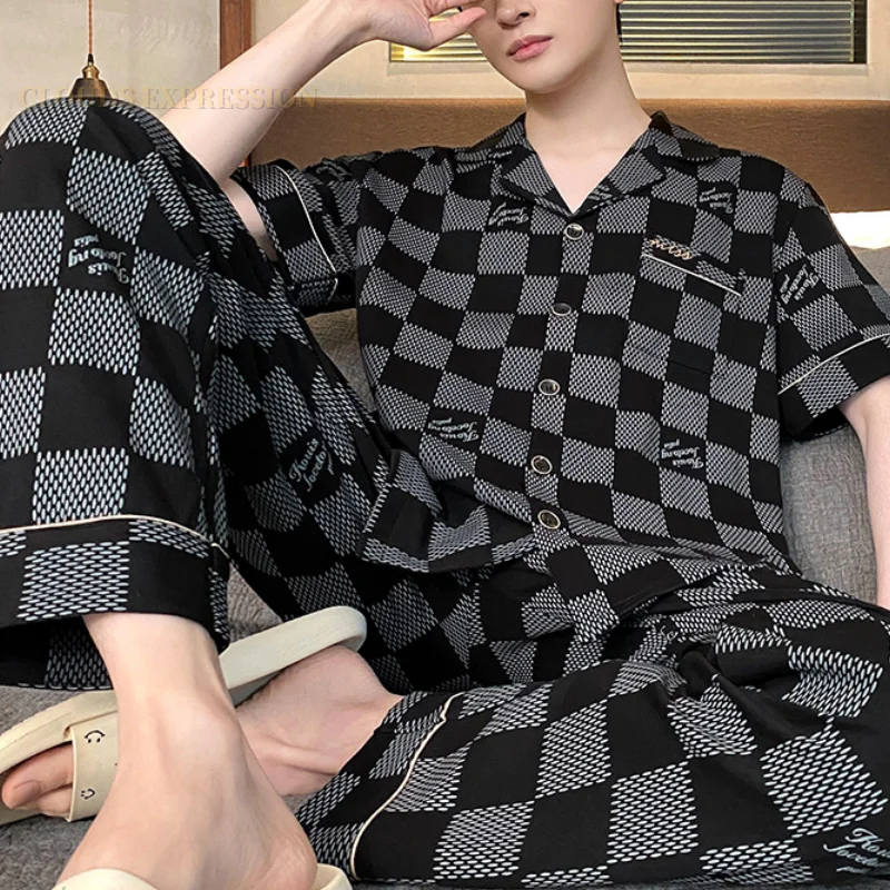 Summer Knitted Plaid Men\'s Pyjamas Plus 4XL Pajama Sets Casual Pjs Lounge Masculine Sleepwear Nightwear Pijamas Homewear Fashion