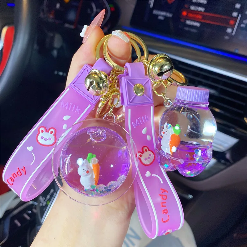 Cartoon In Oil Liquid Rabbit Drifting Wish Bottle Key Chain Cute Milk Tea Cup Floating Carrot Pearl Sequin Quicksand Bag Keyring