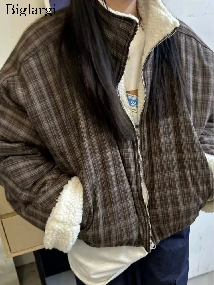 

Зимнее стеганое хлопковое пальто из овечьей шерсти, женские клетчатые принты, модные женские куртки в корейском стиле, свободные повседневные женские пальто