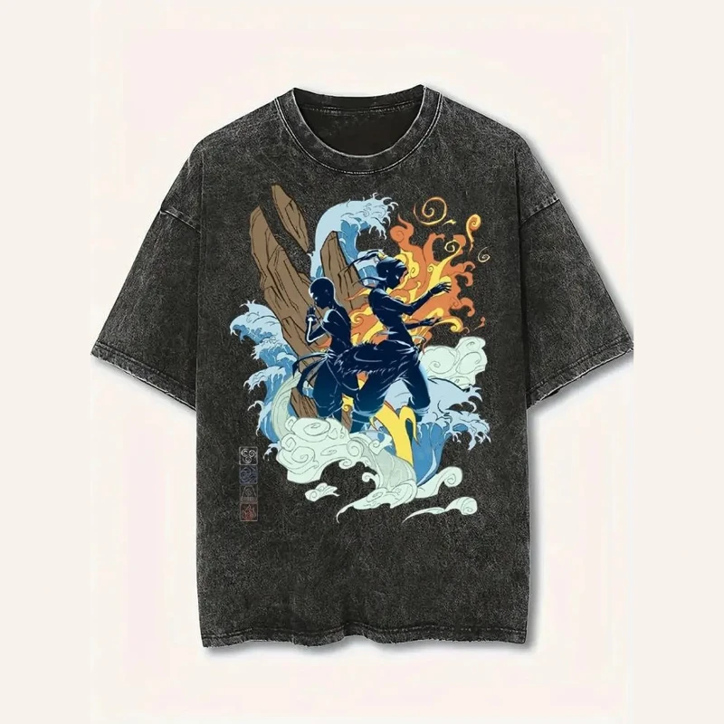 2026 Anime Avatar：The Last Airbender T-shirt Men Women Clothing Vintage Washed T Shirt Summer Short Sleeve Cotton Tees Tops