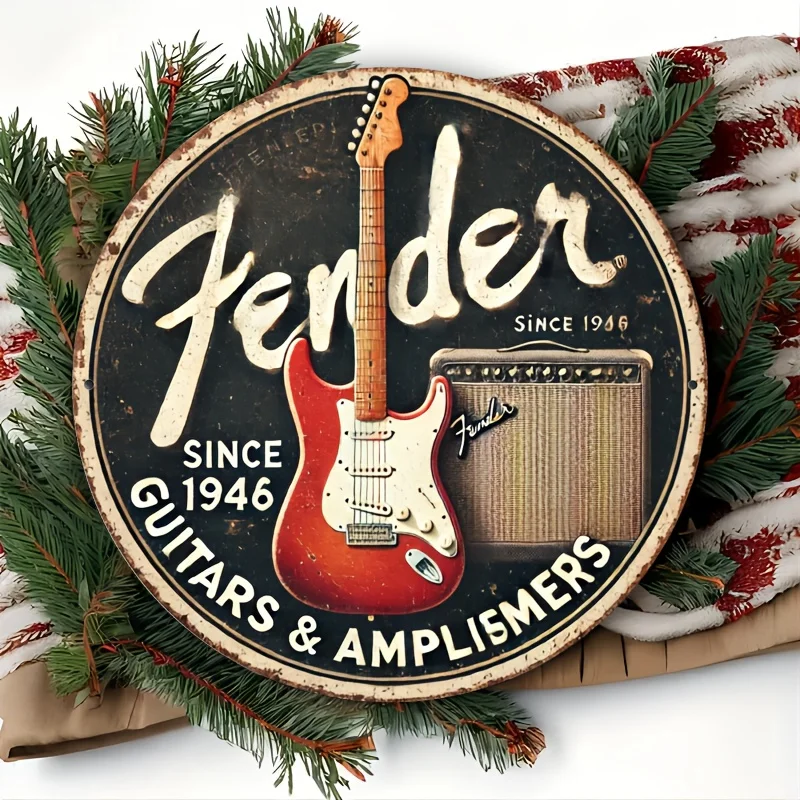 Vintage Fender Guitars & Amplifiers Metal Tin Sign, Retro Since 1946 Electric Guitar Circular Wall Decor Plaque, Classic Music S view 5