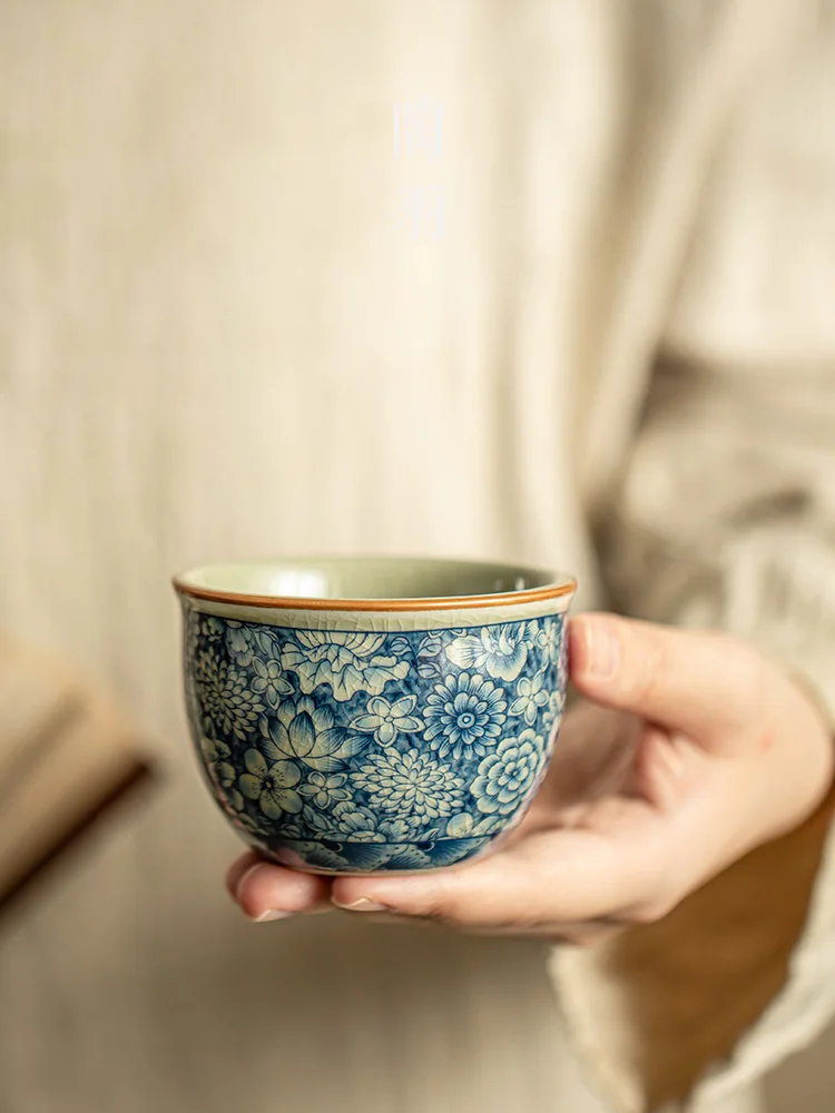 Old Clay Blue White CeramiC Handmade Hostess Cup, Single Kung Fu Tea Set, Open Piece, And