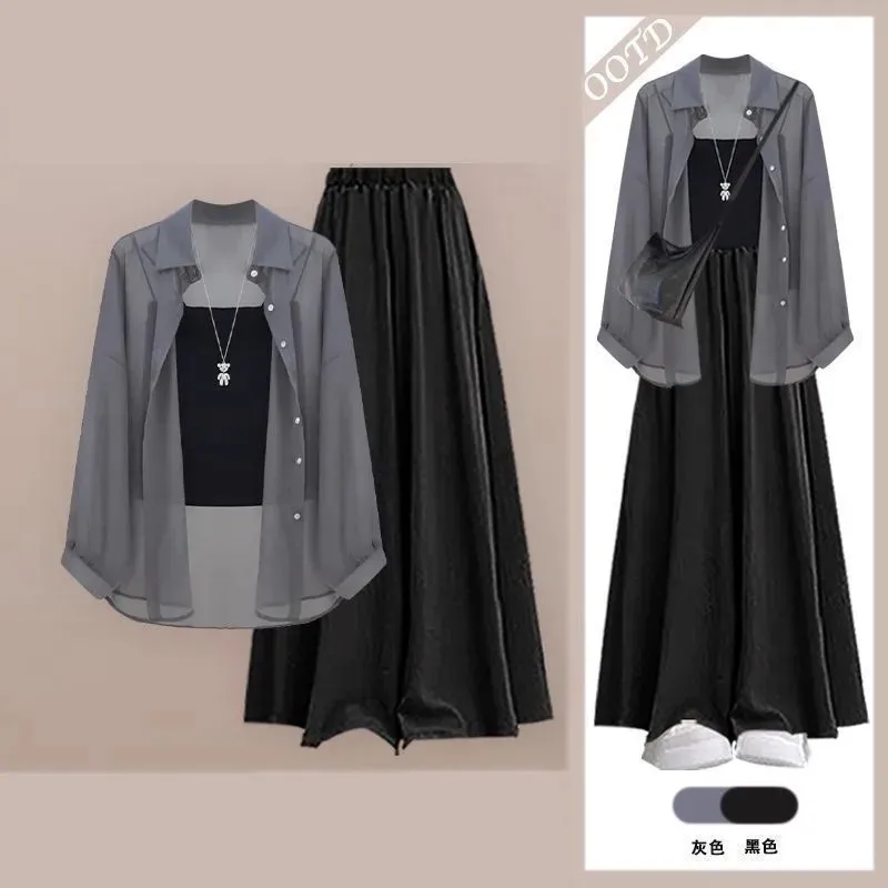 طقم نسائي جديد للربيع والصيف مكون من 3 قطع: قميص كاروهات واقي من الشمس + حزام + تنورة فضفاضة، بدلة أنيقة على الطراز الكوري