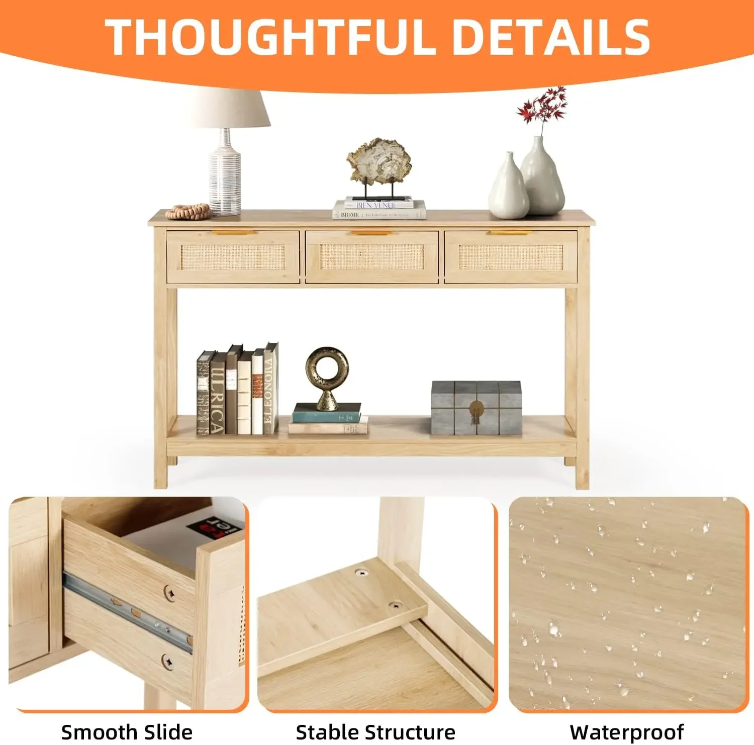 Rattan Console Table Boho Entryway Table Narrow Long Sofa Table Hallway Foyer Behind Couch with 3 Drawers