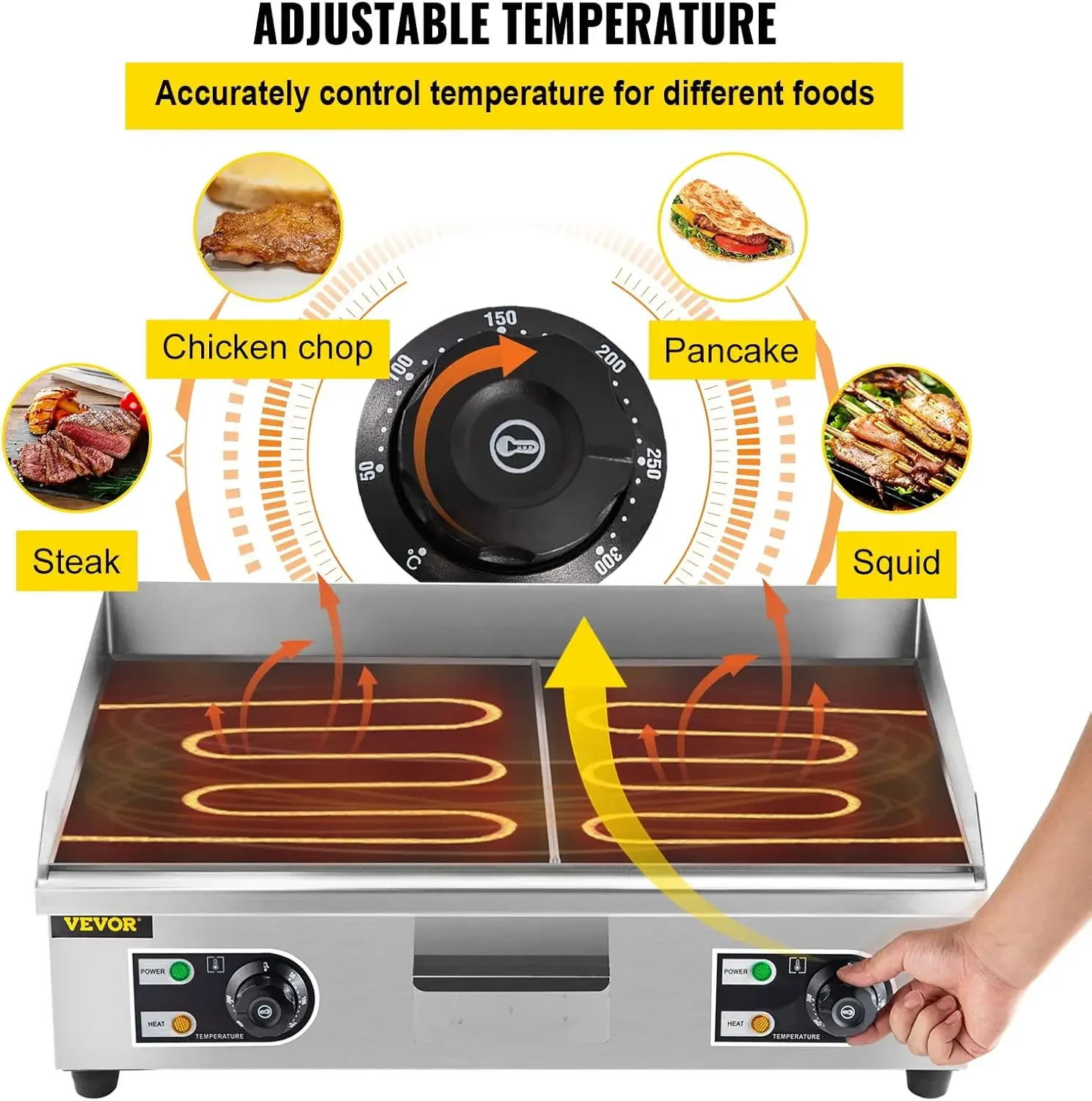 Electric Griddle 3000W Electric Countertop Griddle Non-Stick Restaurant 110V Teppanyaki Flat Top Grill Stainless Steel Adjustabl