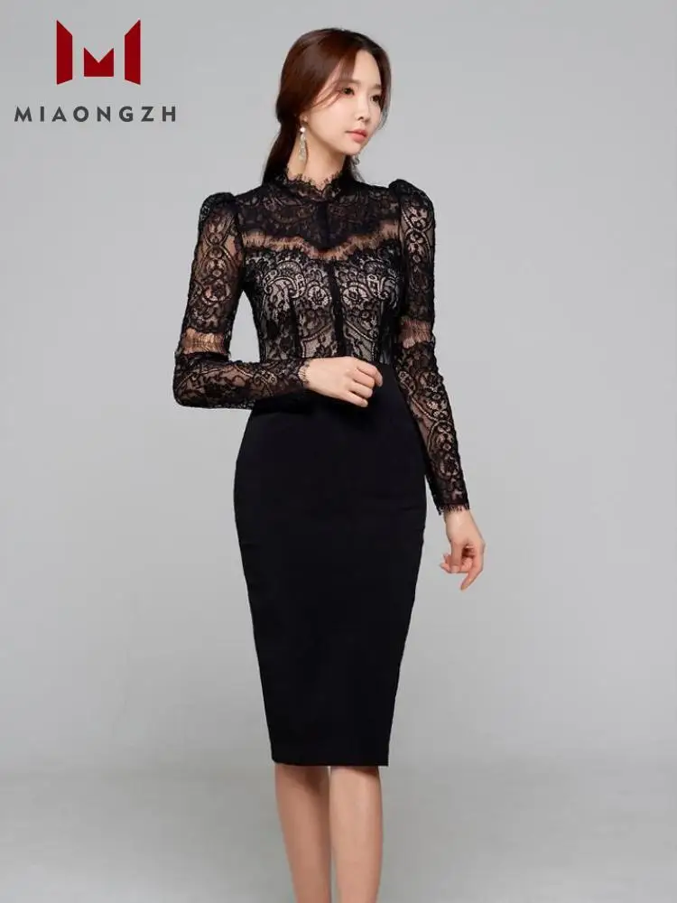 

Elegant Lace Bodycon Black Dress Women Hollow Out Stand Neck Long Sleeve Spring Autumn Corset White Party Lady Dresses Fashion