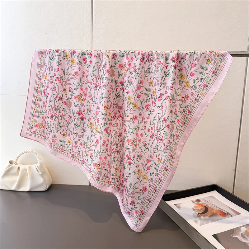 Floral Printed Square Scarf For Women Silk Scarves Elegant Beach Shawl Wraps Bandanas Luxury Hijab Neck Hair Neckerchief 70*70cm