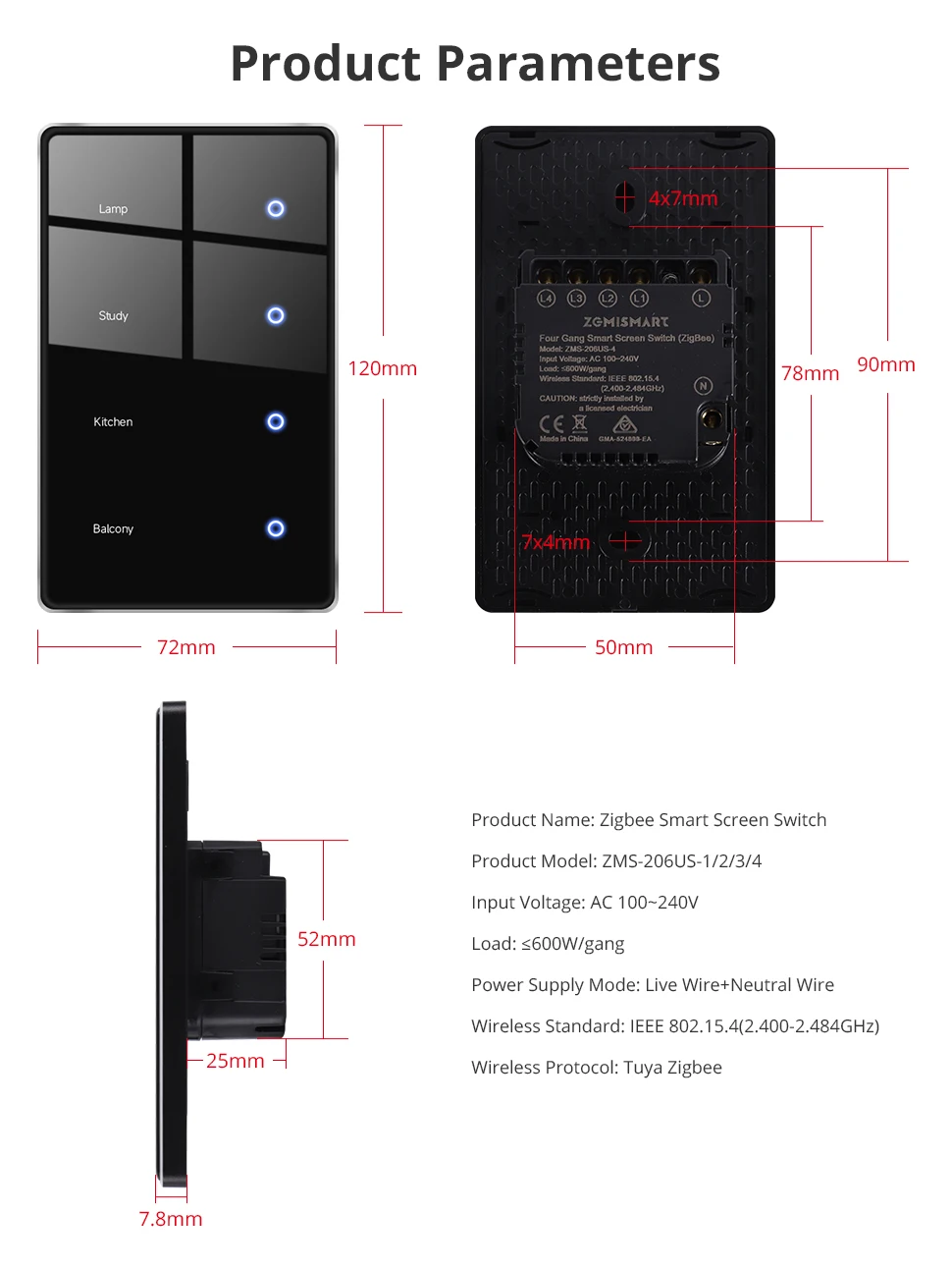 Zemismart Zigbee DIY Namensschalter US Black Touch Panel Smart Display Bildschirm Lichtschalter Funktioniert mit der Tuya Smart Life App – Detail 17