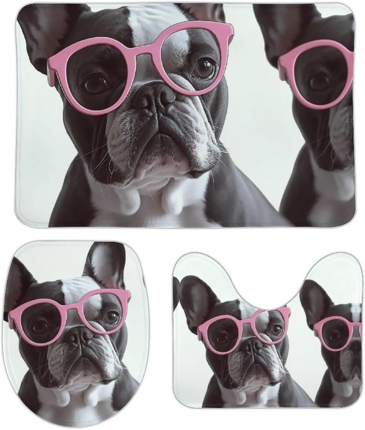 3 Piece Bath Rug Set Non Slip Absorbent Bath Mat Contour Mat with Toilet Lid Cover French Bulldog Glasses Soft Floor Mats for