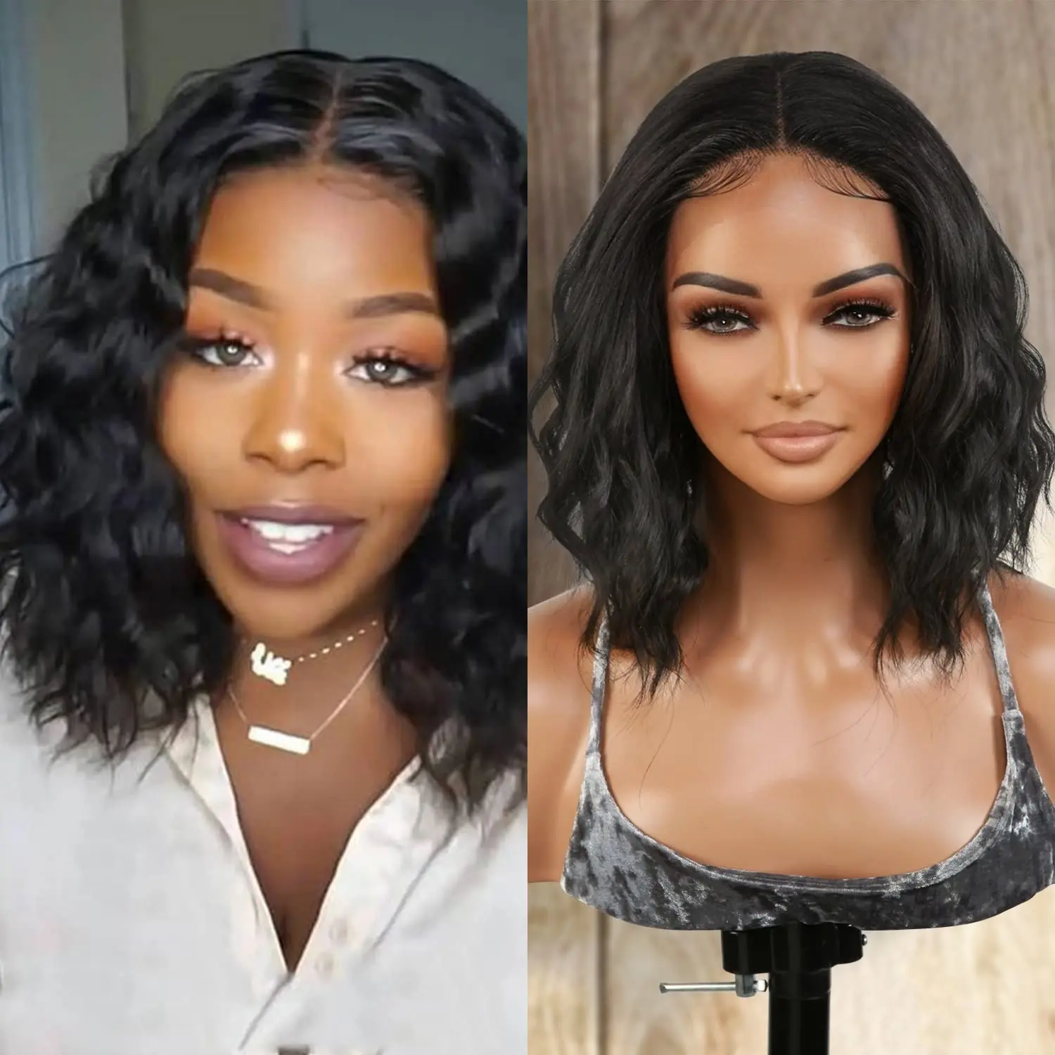 Online Clearance Sales Short Bob Wigs Human Hair Loose Deep Wave Layered Bob Wig Middle Part Swiss Lace Front Curly Wavy Hair