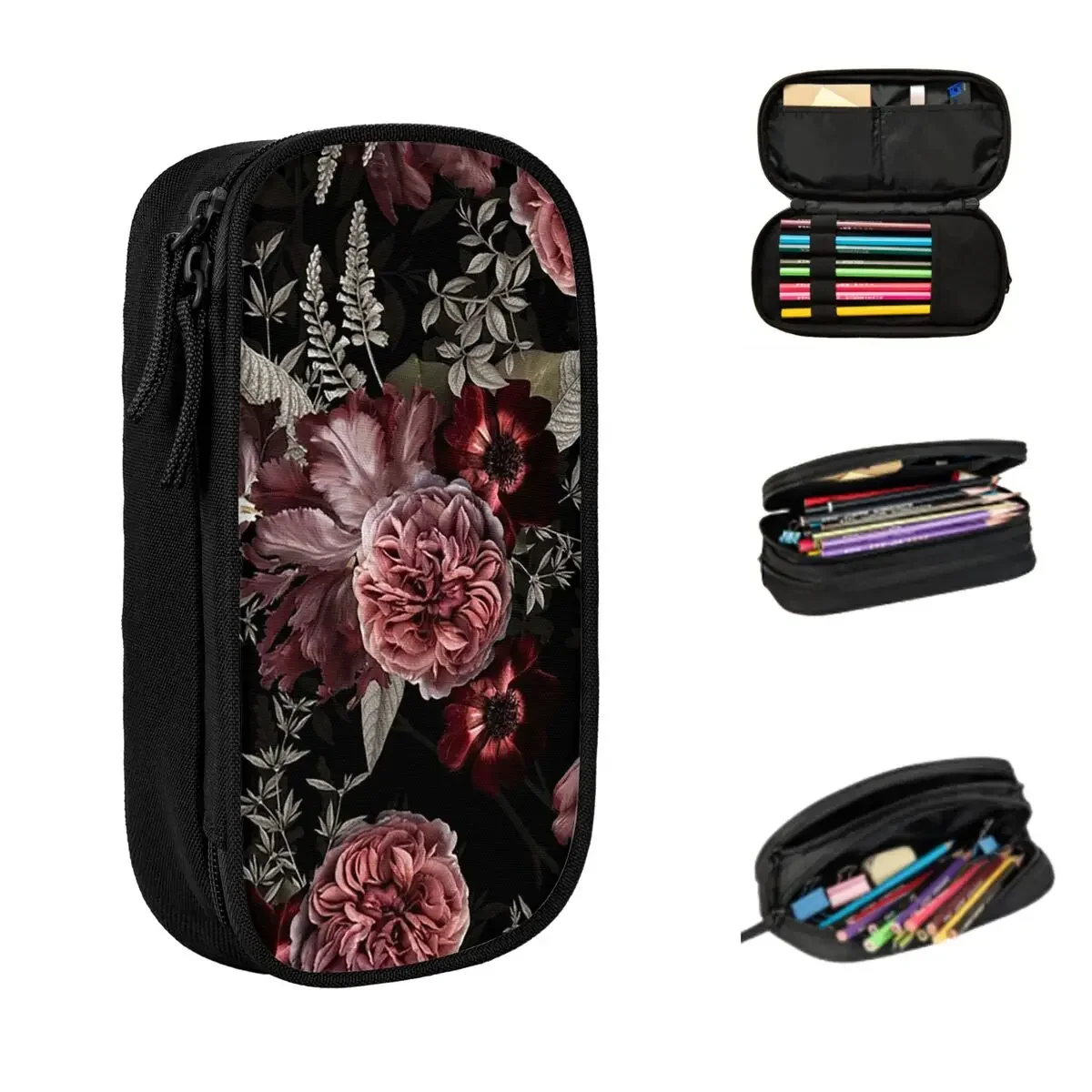 Dutch Vintage Midnight Roses And Tulips Pattern Botanical Night Garden Pencil Cases Large Capacity Pen Bags Pen Box Pencil Pouch