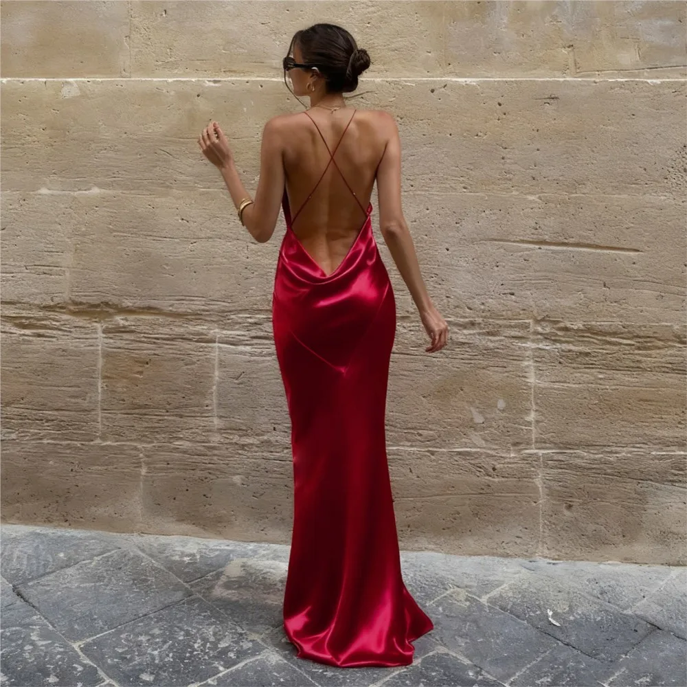 Robes de soirée pour femmes, bretelles élégantes, robe de soirée, Banquet, Sexy, décolleté en v profond, dos nu, couleur unie, tempérament Slim