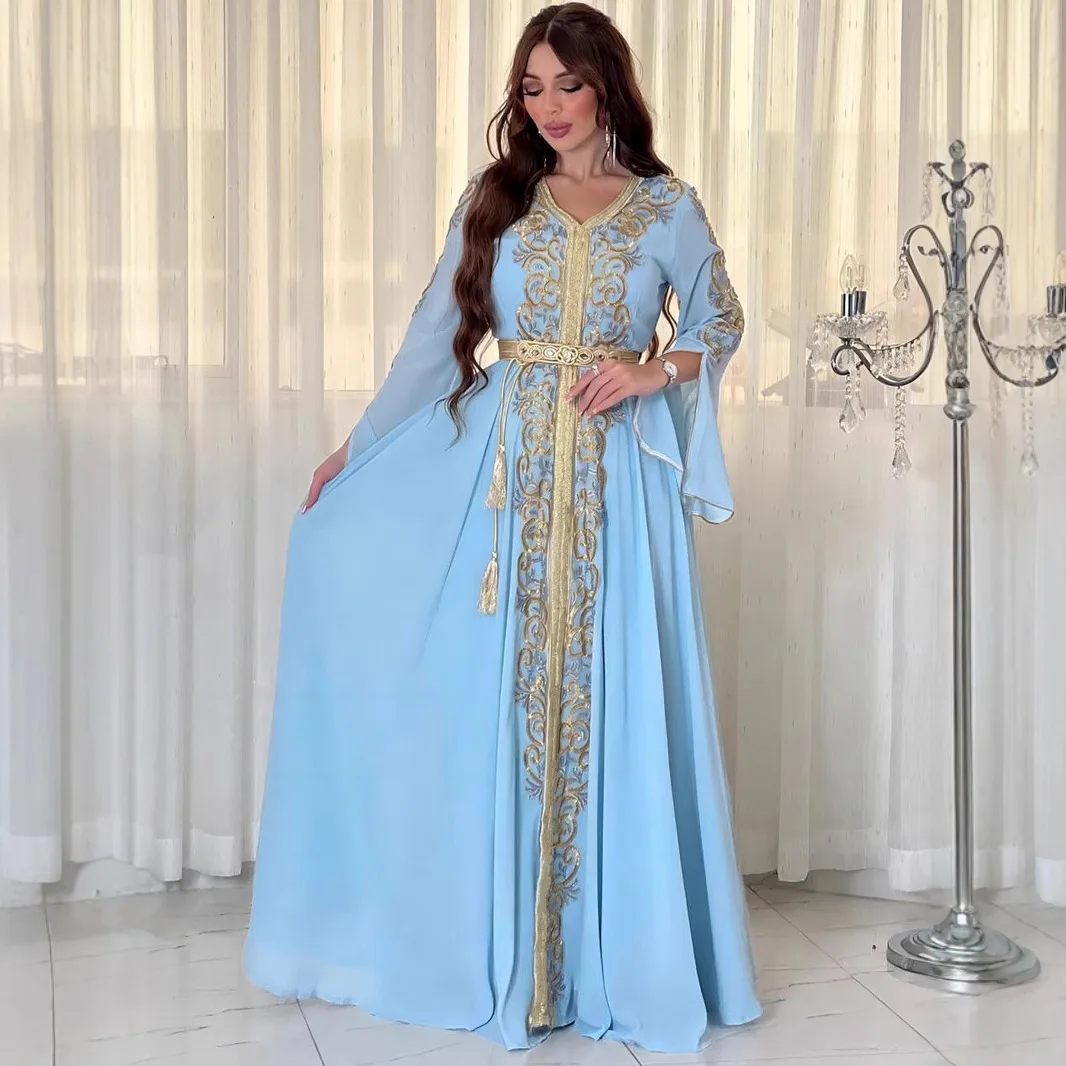 

Dubai Abaya Ethnic Embroidery Chiffon Maxi Dress For Women Muslim Jalabiya Kaftan Turkey Ramadan Moroccan Caftan Femme Clothes