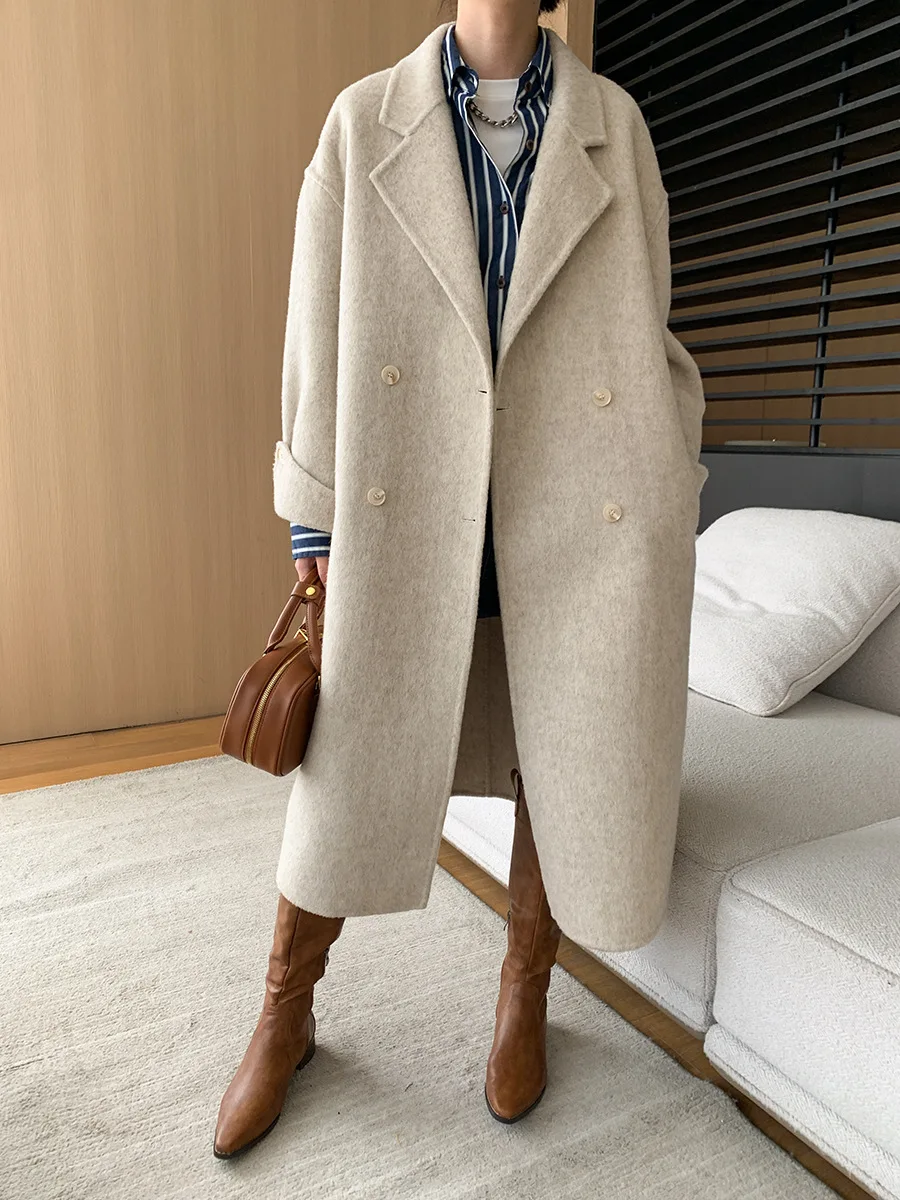 Albaka Sheep Camel Wool Double Sided Coat Warm Belted Fall Winter Outwear