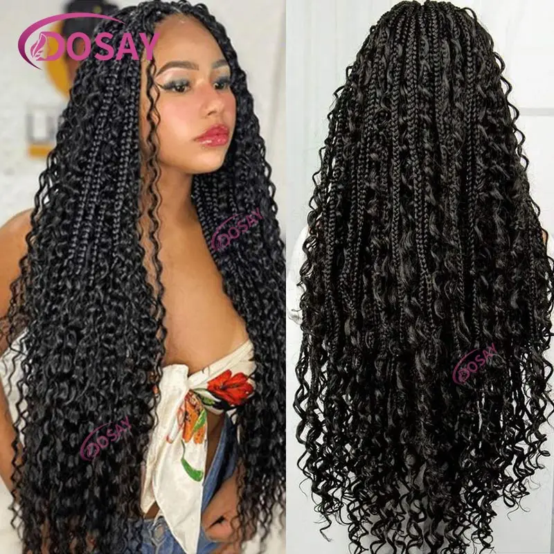 32inch Synthetic Long Boho Braided Wigs for Black Women Bohemian Knotless Box Braids Wigs Goddess Full Lace Frontal Braided Wigs