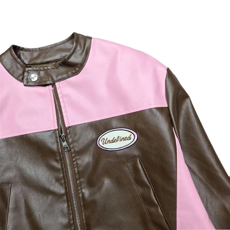 HKSH 봄 가을 신상 여성 PU 가죽 재킷 트렌드 스트리트웨어 배색 패치워크 모토 바이커 지퍼 야구 코트 HK12771