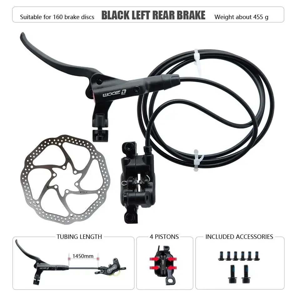 Zoom HB-876 4 Zuiger Opvouwbare Mountainbike Schijf Hydraulische Rem Set Voor 800 Achter 1400 Mm Mtb Fiets Kramp Rode Fietsonderdelen
