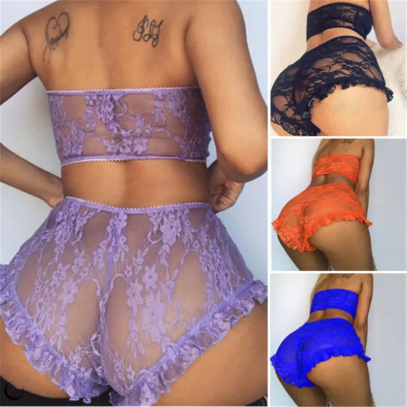 

2 Piece Women Lace Sheer Exotic Set Sexy Lingerie Solid Color Lace Bandeau Top Mesh Thin Underwear Sexy Pajama Set Erotic Exotic