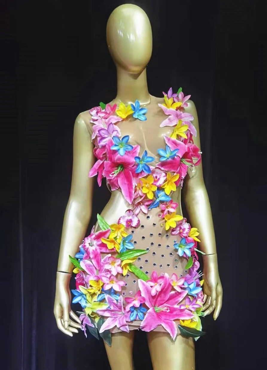 Vestido transparente de malla desnuda con cristales de lujo para mujer, traje de fiesta, graduación, cumpleaños, celebración, club nocturno, cantante, modelo de concierto