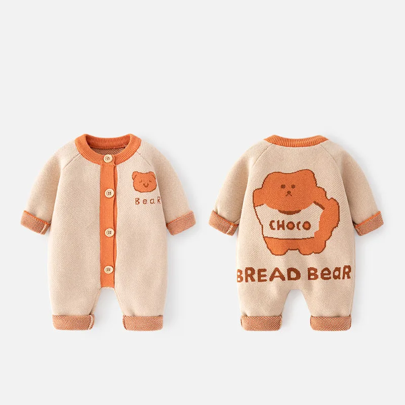 Spring Autumn Ins 0-2 Year Newborn Boy Onesies Knitted Cartoon Bear Letter Baby Boys Jumpsuit Patched Cotton Infant Boy Bodysuit