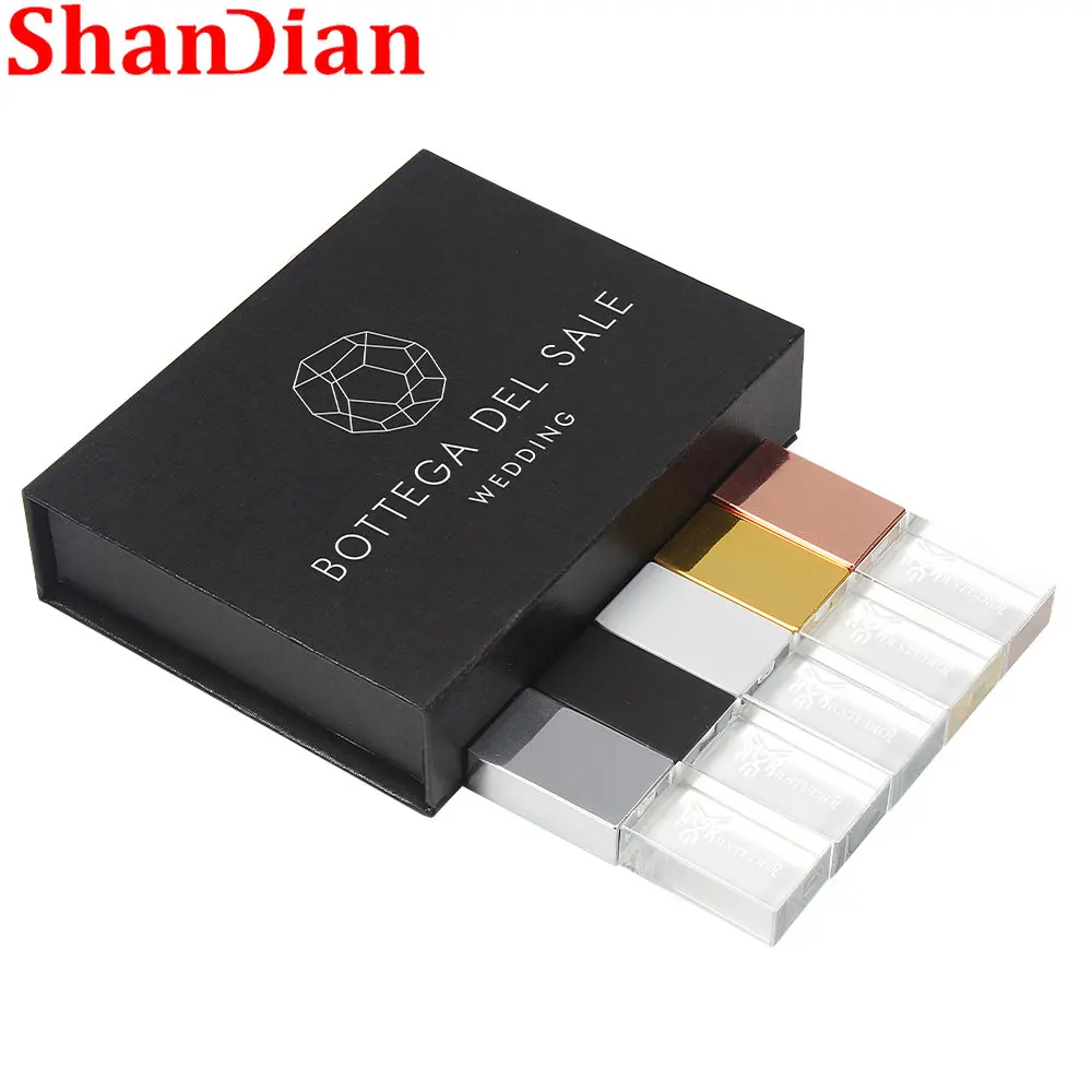 สีของขวัญที่กำหนดเองกล่อง USB แฟลชไดร์ฟ128GB งานแต่งงานของขวัญไดรฟ์ปากกา64GB ฟรีโลโก้หน่วยความจำ32GB 16GB 8GB 4GB U Disk คริสตัล