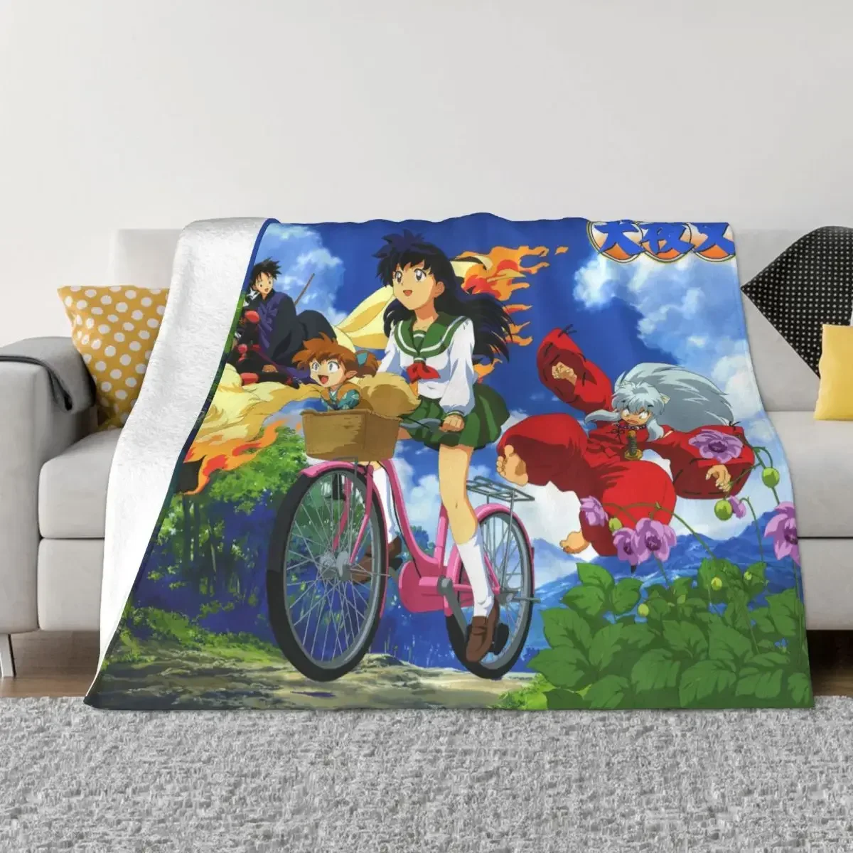 Anime Kagome Shippou Blanket Coral Fleece Plush Summer Air Conditioning Japanese Inuyasha Throw Blanket for Bed Plush Thin Quilt