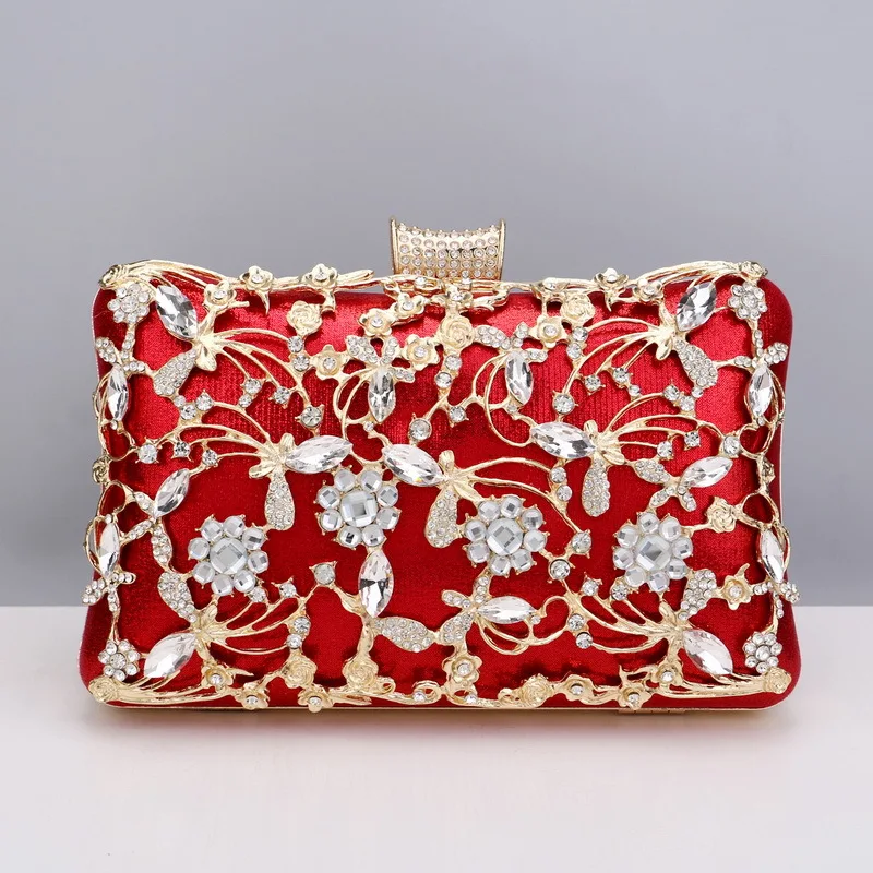 Luxury Clutch Bag for Women Vintage Hollow Out Gold Metal Frame Handbags Formal Wedding Party Diamond Embedding Evening Purse