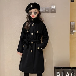 Girls Woolen Coat Overcoat Jacket Windbreak 2023 Simple Warm Thicken Winter Cotton Party Plus Size Children's Clothing