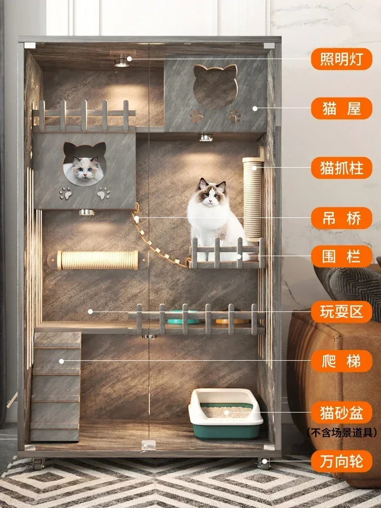 Gabbia per gatti per uso domestico Nido per gatti Villa per interni con struttura in legno massello Armadietto per casetta per bestiame impermeabile integrato
